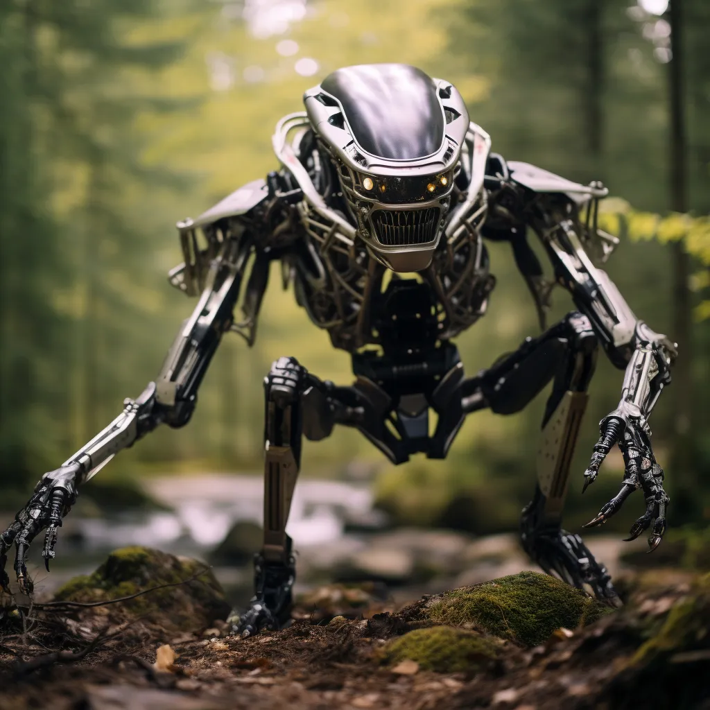 a robot walking across a forest filled with trees