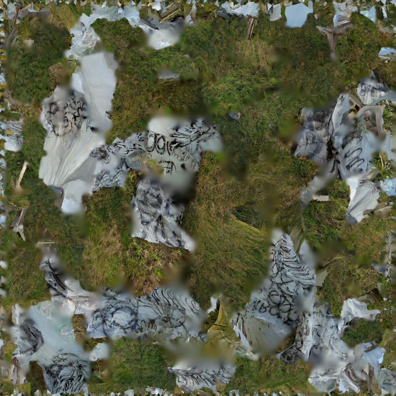 an aerial view of a field covered in trash