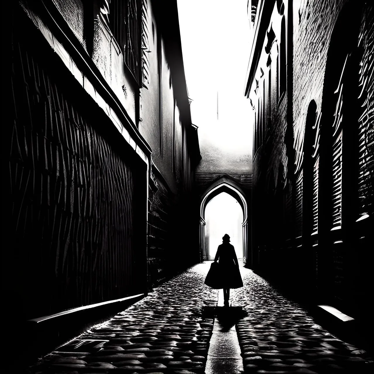 a person walking down a dark alley way