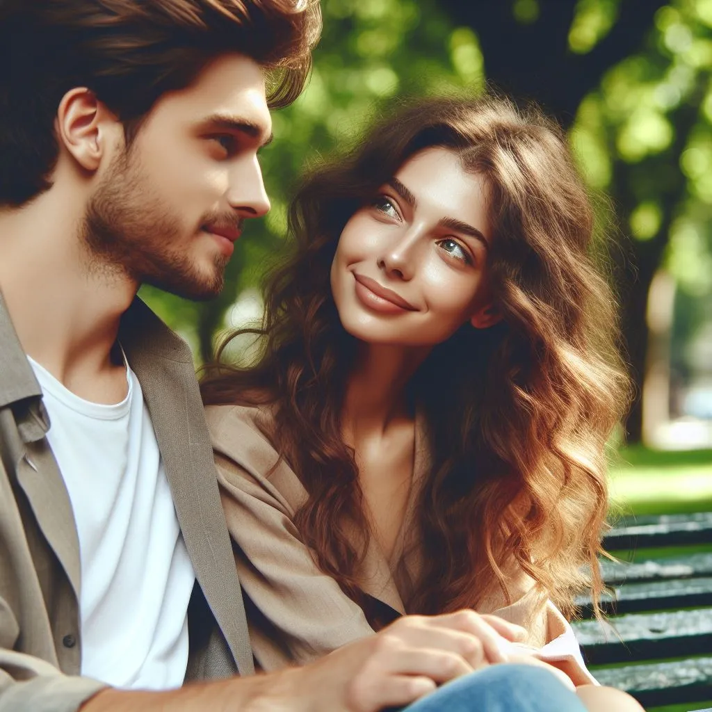 image of The man and woman in love sit together on a park bench, while the man looks at his beloved woman with a sense of wonder.