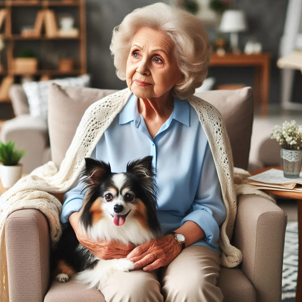 a woman sitting on a couch holding a dog