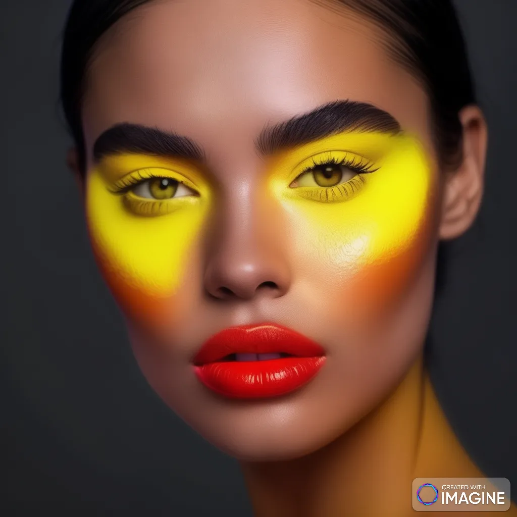 a woman with bright yellow and red makeup