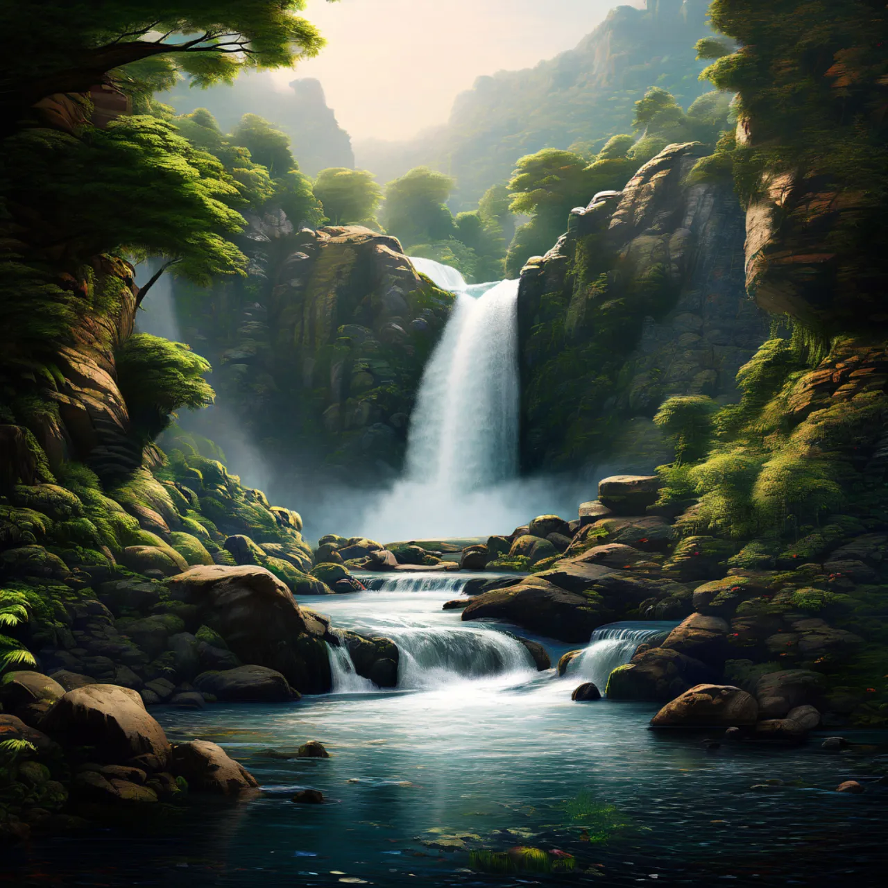 a painting of a waterfall in the middle of a forest