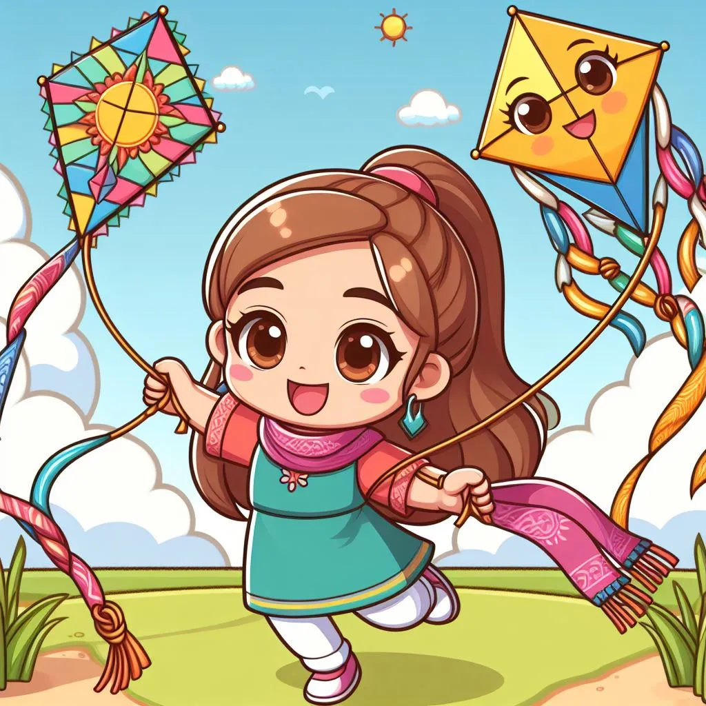 a little girl flying a kite in the sky