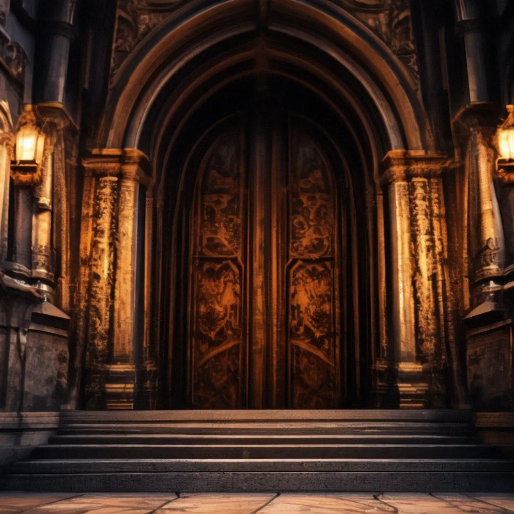 a large wooden door sitting inside of a building