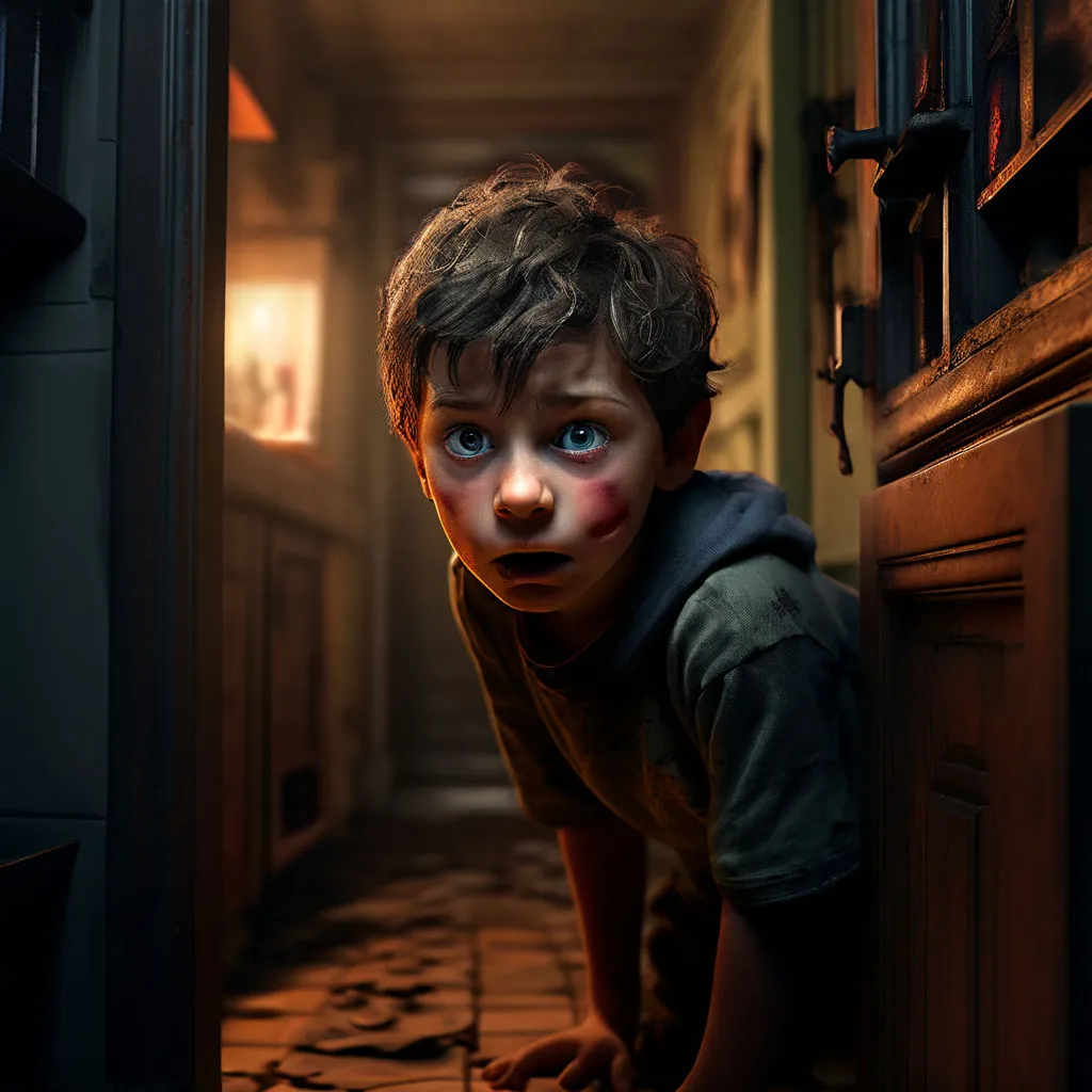 A frightened young boy peeking around the corner of a doorway, his eyes wide with fear as he witnesses something unsettling happening in the kitchen.