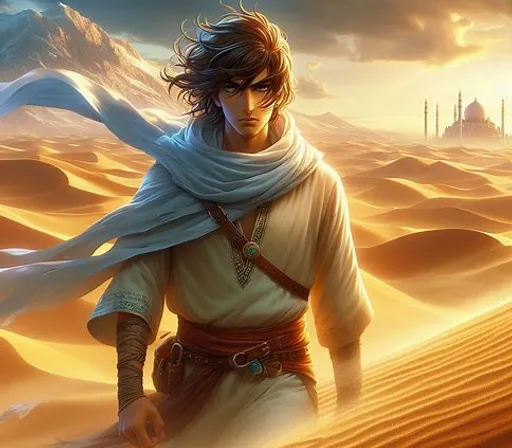 a man in the desert with a scarf around his neck