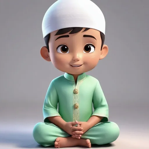 a little boy in a green outfit sitting on the groundA young Muslim boy, around 5-6 years old, wearing a light green kurta and white prayer cap, sitting on A young Muslim boy, around 5-6 years old, wearing a light green kurta and white prayer cap, sitting on the floor with a slightly upset expression, arms crossed. He is sitting in a room with soft lighting, Islamic motifs on the walls, and a prayer mat visible in the corner. The atmosphere feels peaceful and calming, despite his frustration."