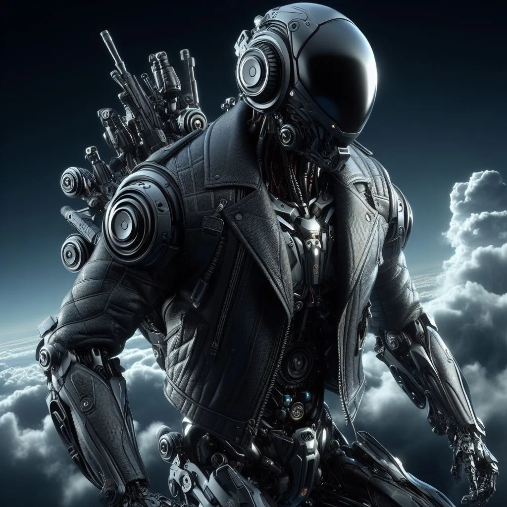 a man in a suit and helmet standing in the clouds