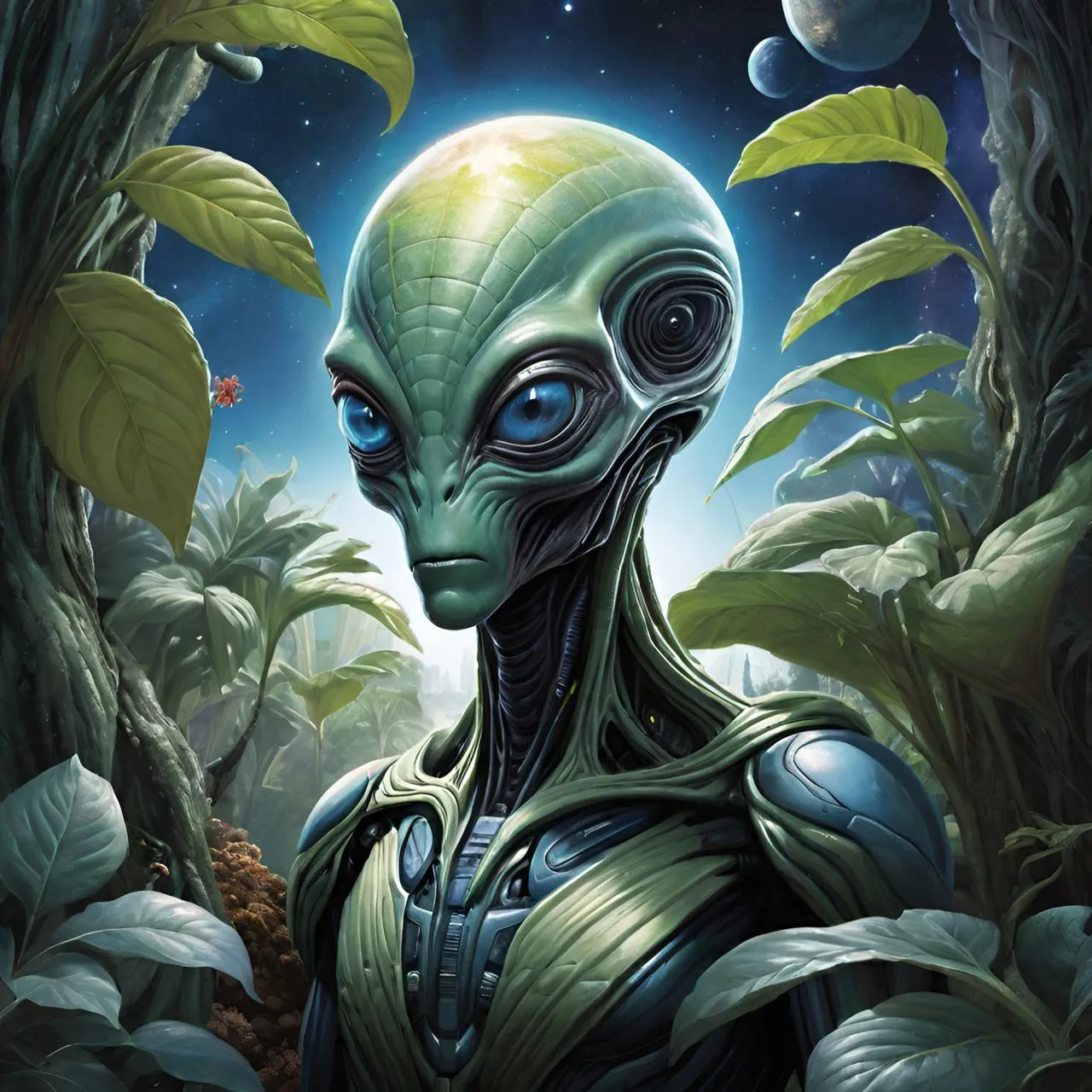 a painting of an alien in a forest