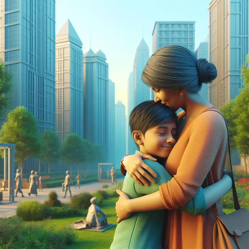 a woman hugging a child in a city park