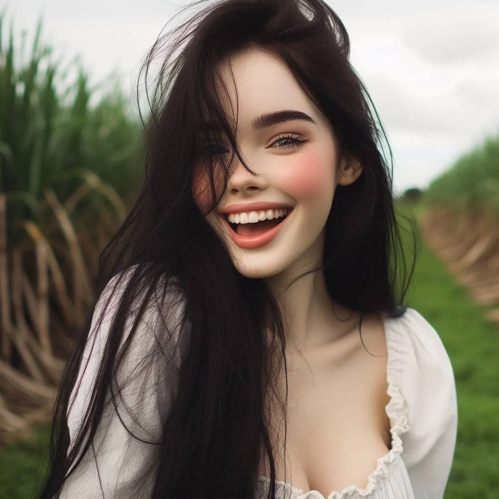 a close up of a person with long hair, sugar cane field in background