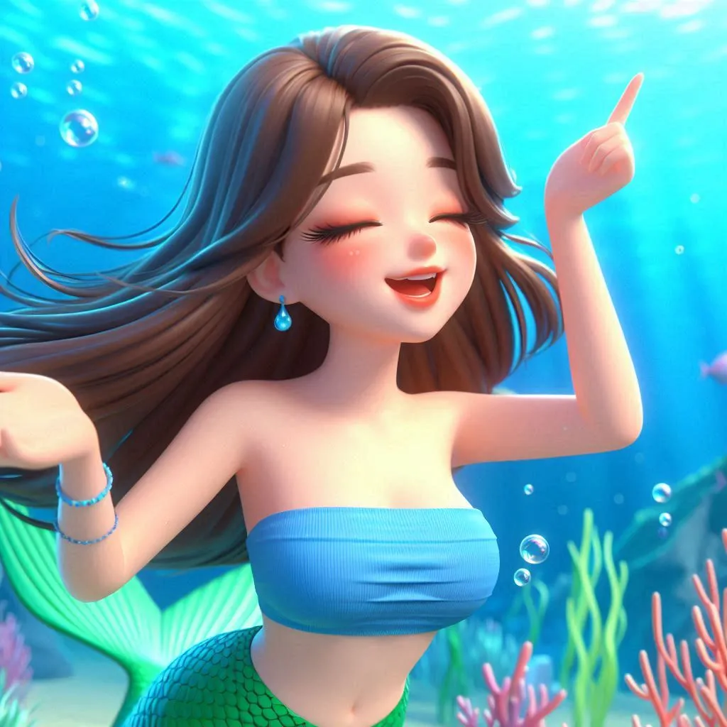 a beautiful mermaid wearing blue  tube blouse,  green  tail  happily swiiming under the sea  closing eye and singing  3D animation cartoon zoom out  zoom out 