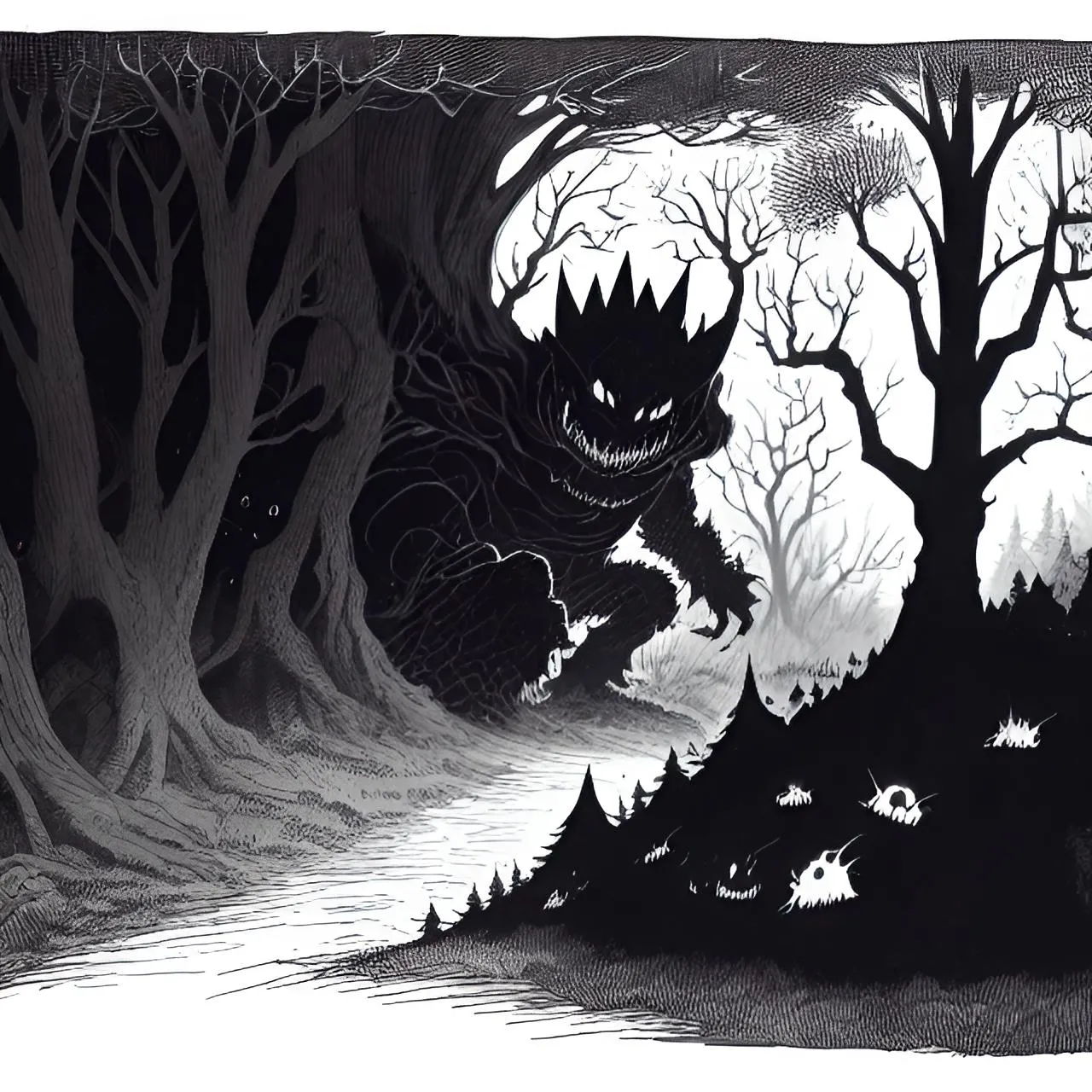 a black and white drawing of a forest