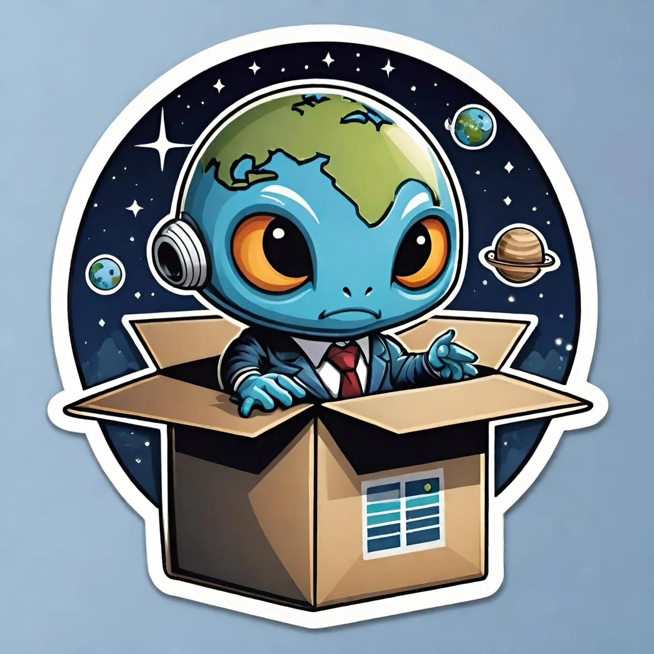 a sticker of an alien in a box with headphones