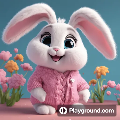 a white rabbit in a pink sweater sitting in a field of flowers