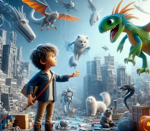 a young boy standing in front of a city filled with monsters