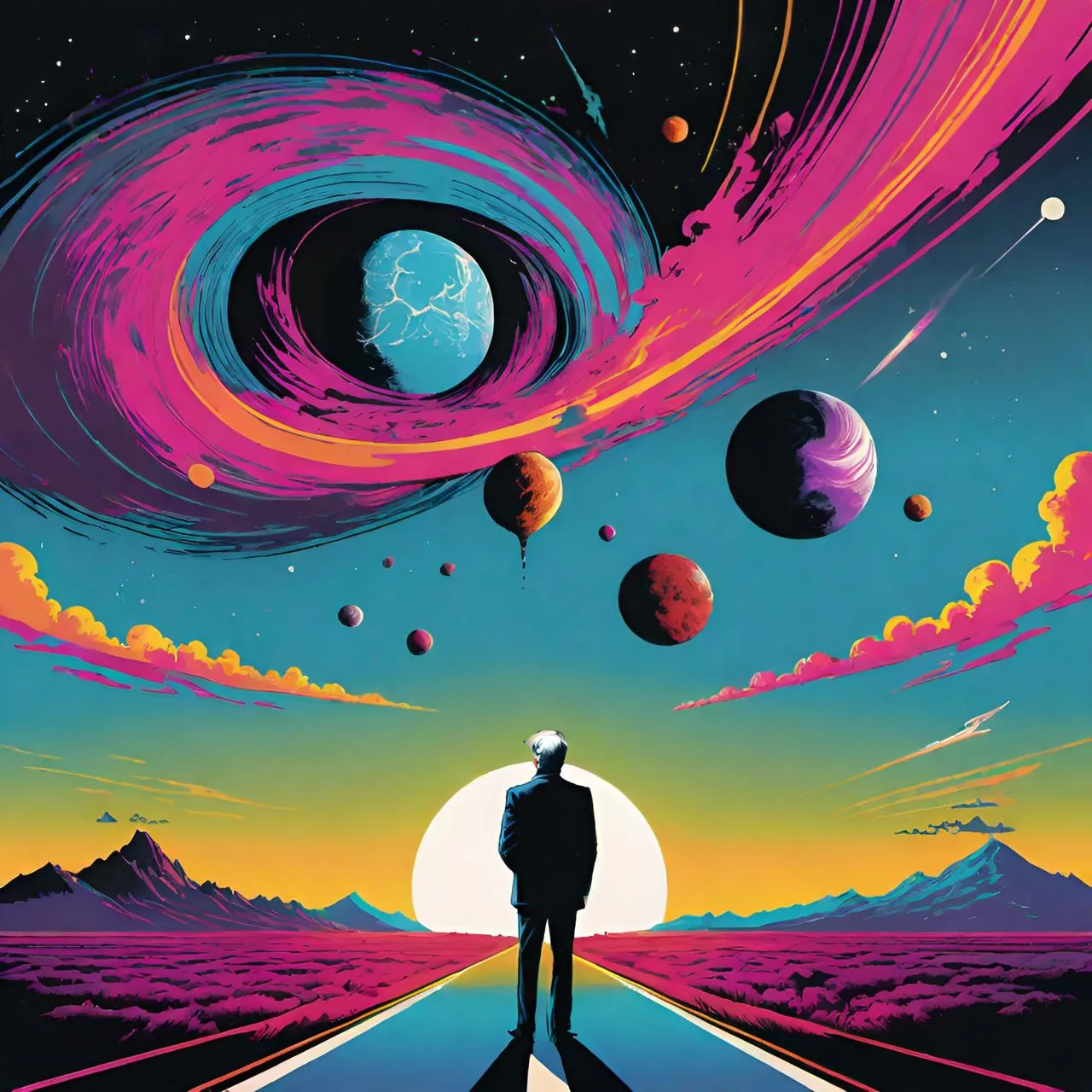 a man standing in the middle of a road surrounded by planets