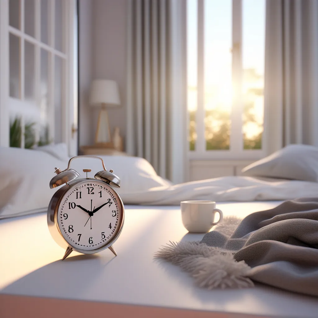 an alarm clock sitting on top of a bed and ringing, and shaking next to a cup