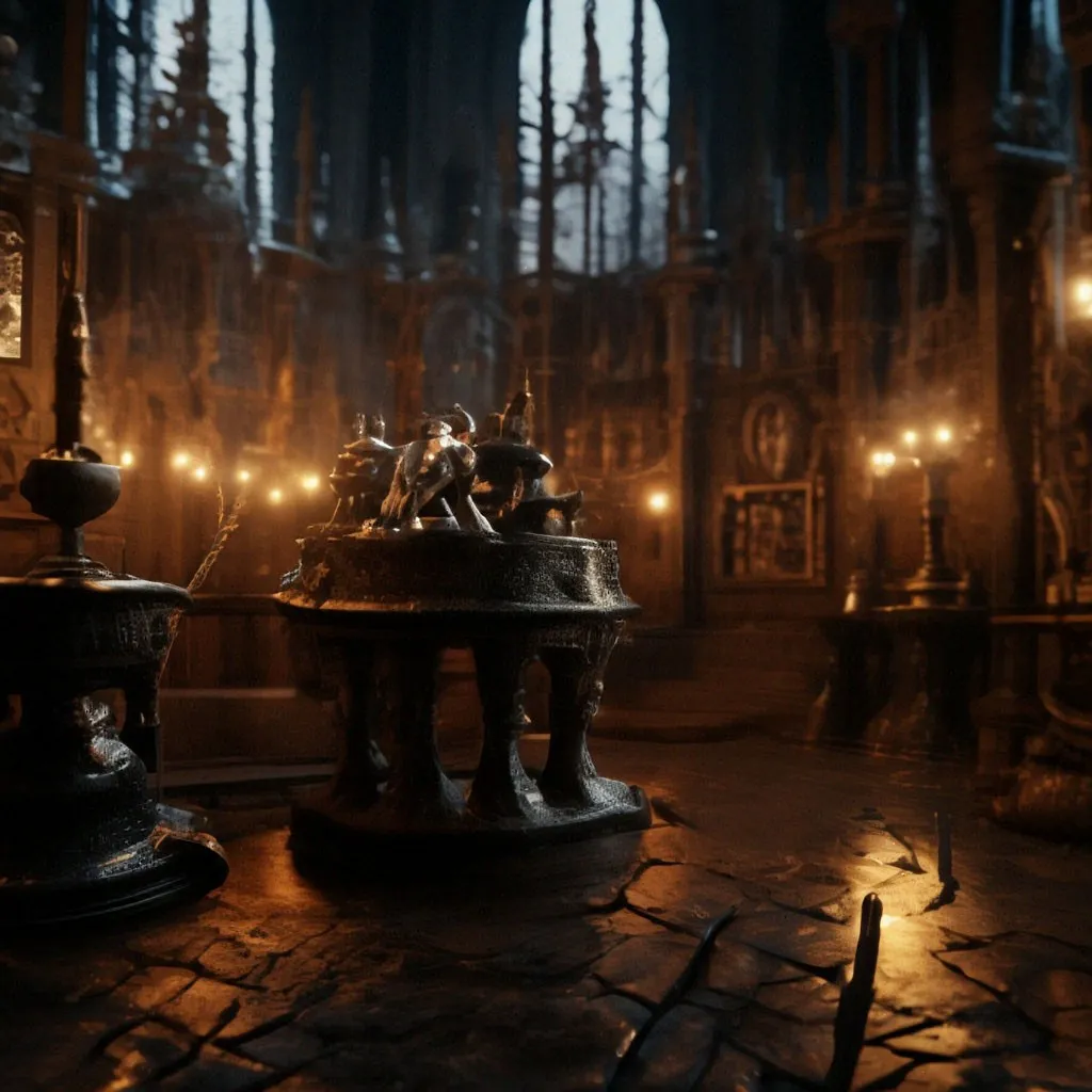 A dark room with a mysterious hooded figure attending a table with candles and a skull