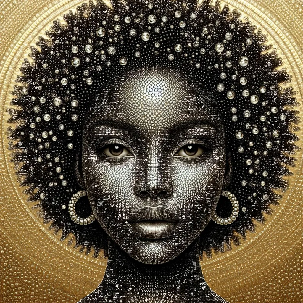 a painting of a woman's face with a gold background