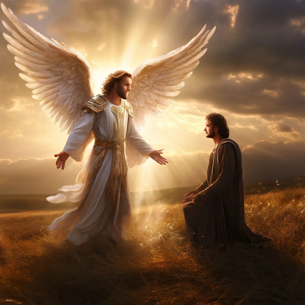 a painting of a man kneeling down next to an angel