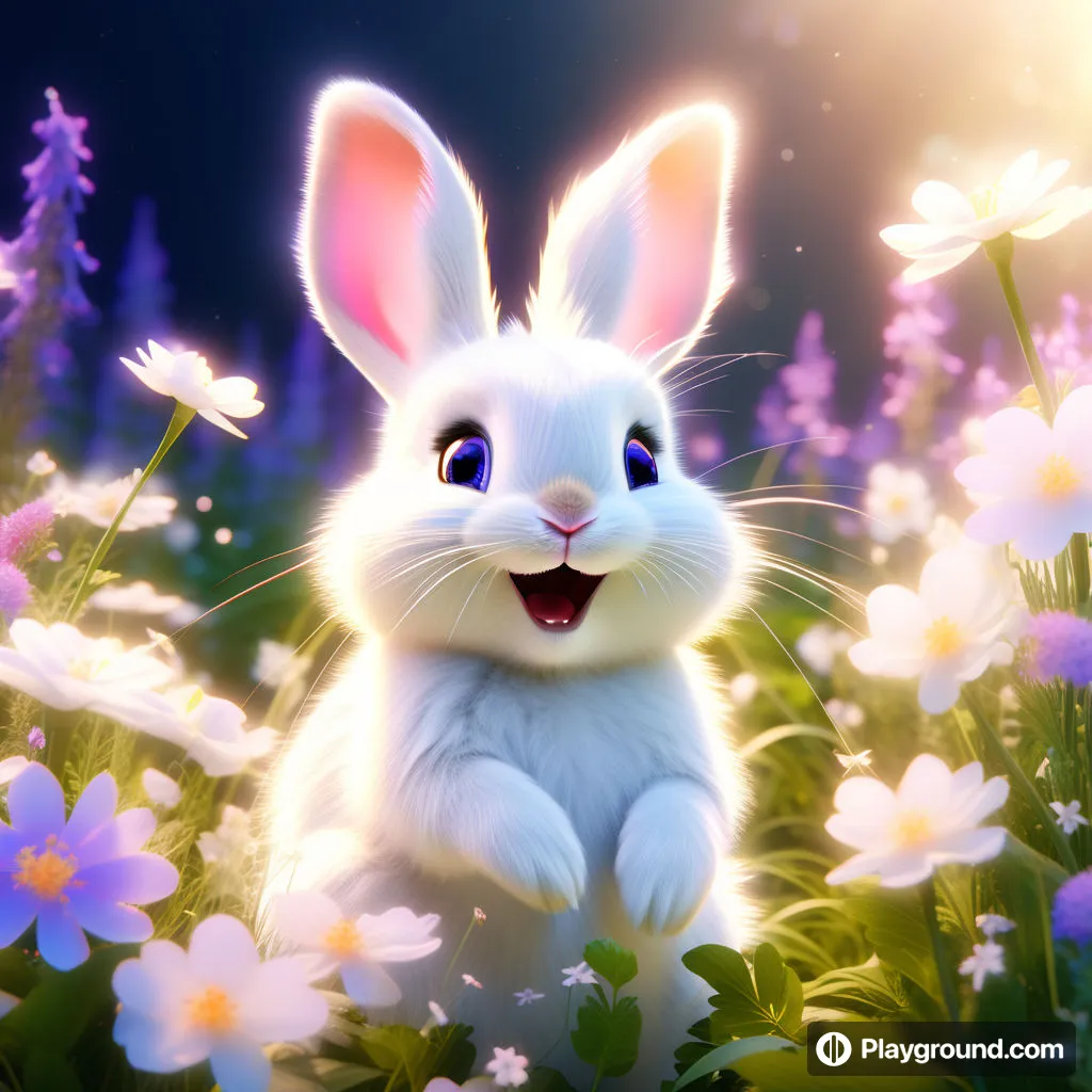 a white rabbit sitting in a field of flowers