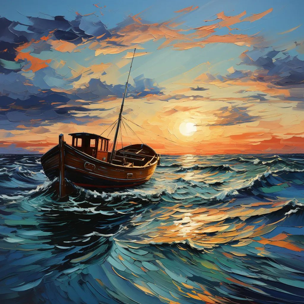 a boat browsing in the ocean at sunset