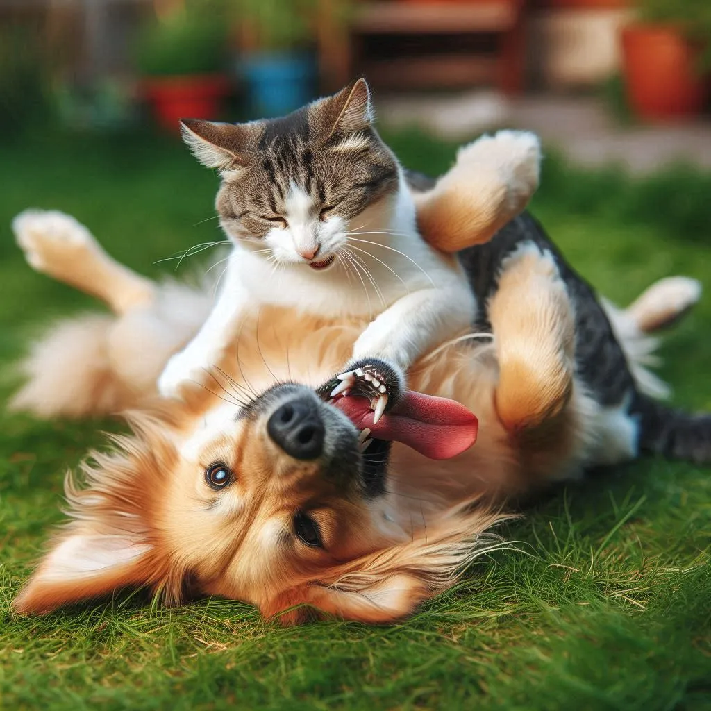 a dog and a cat playing in the grass