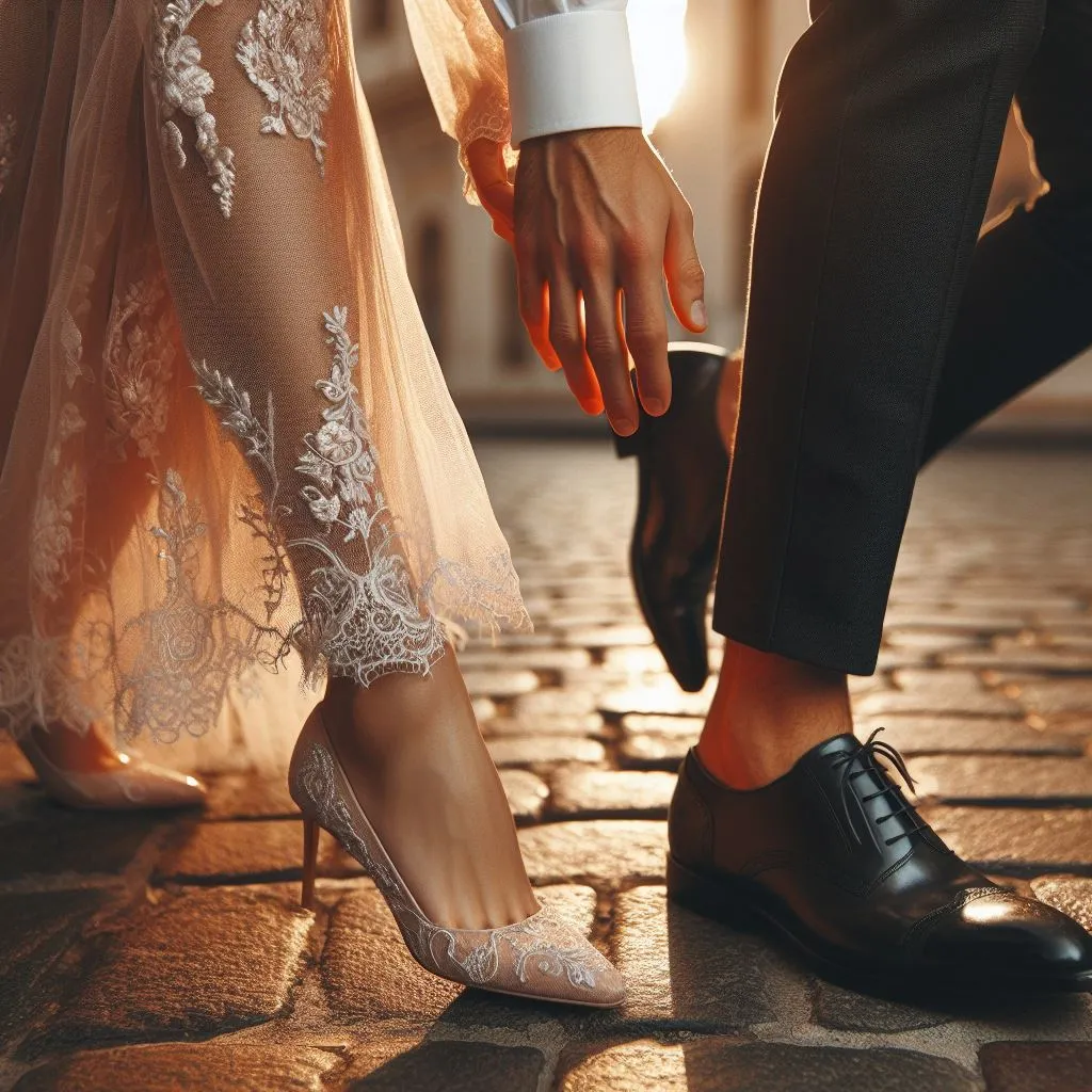 Close-ups of the man's and woman's steps and the movements of their hands as they approach.