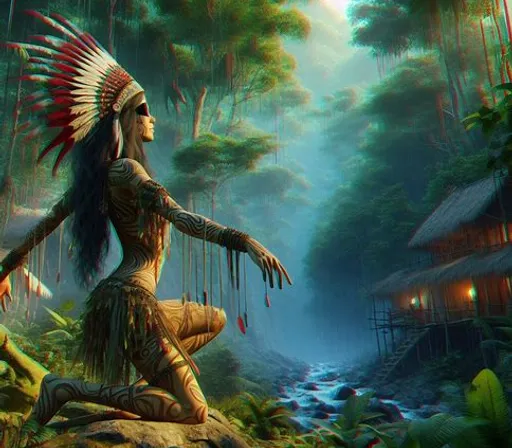 a painting of a native american woman sitting on a rock