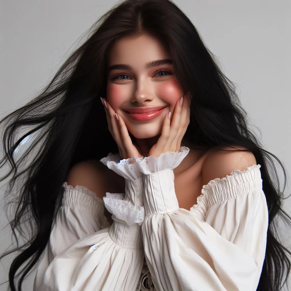 a woman with long black hair posing for a picture