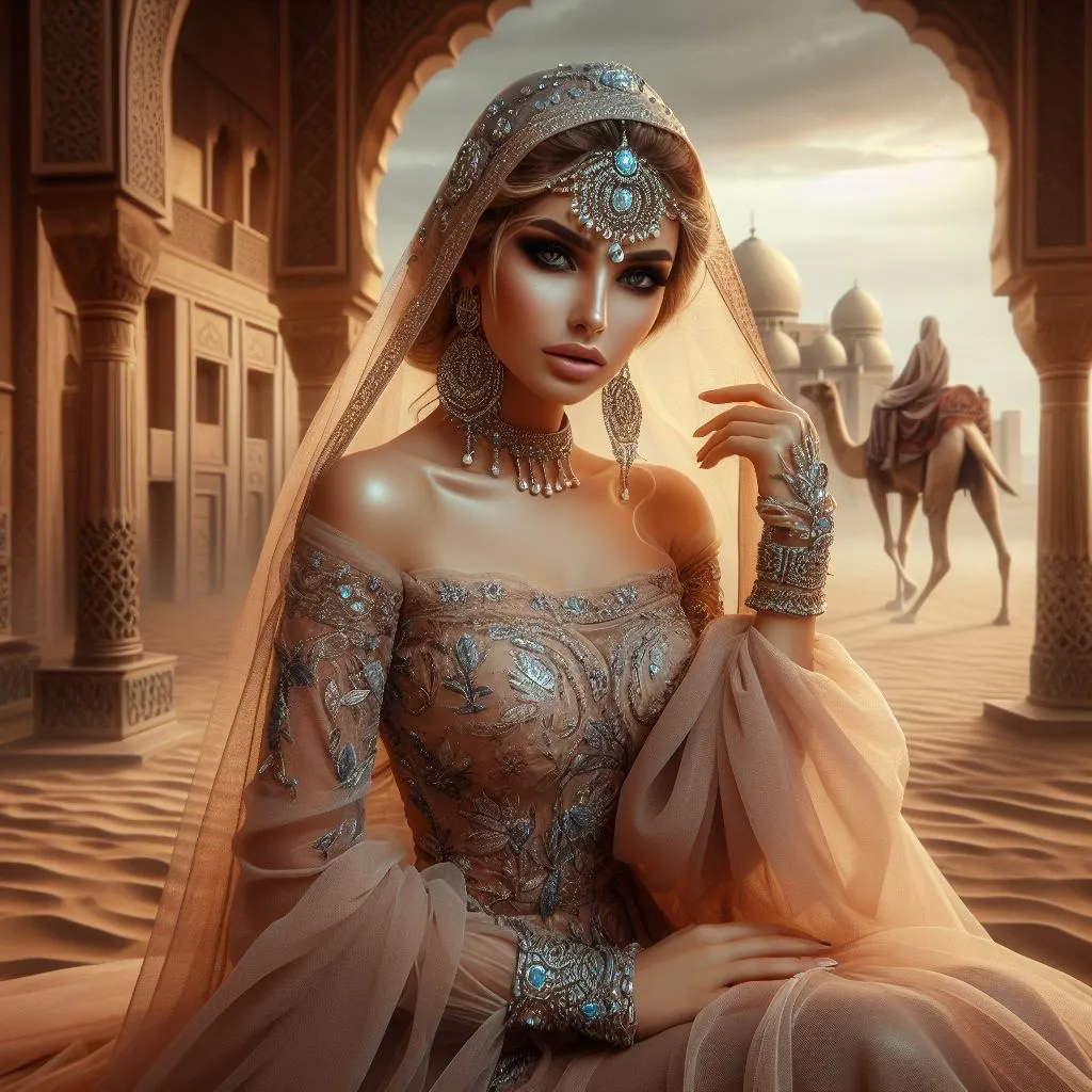 a woman in a dress with a camel in the background