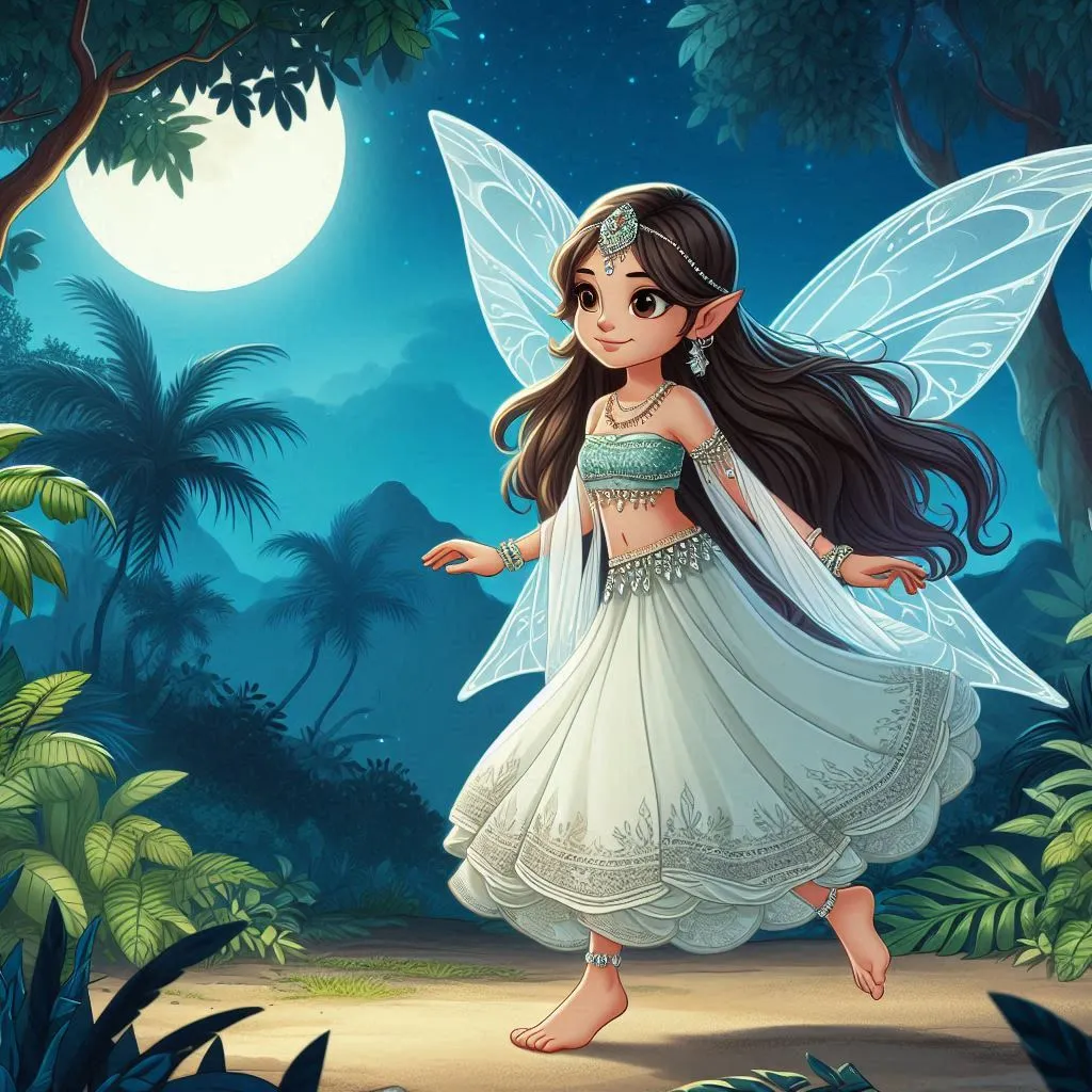 a beautiful fairy  with wings  with long hair,  wearing white lehenga  walking bare foot at jungle   jungle at mid nightD animation cartoon zoom out 