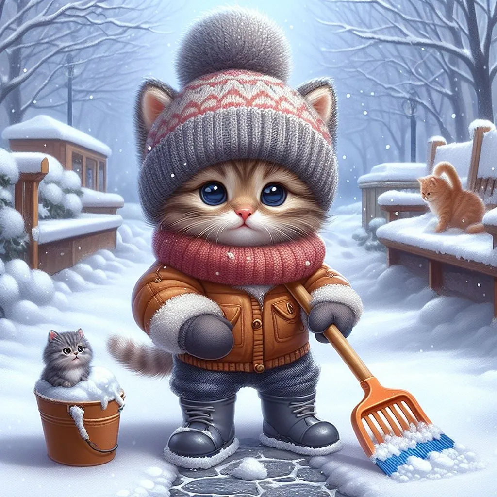 a painting of a cat wearing a hat and holding a broom