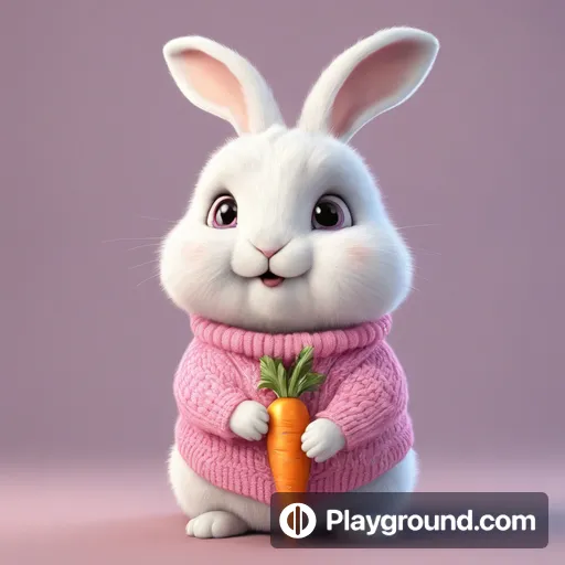 a white rabbit in a pink sweater holding a carrot