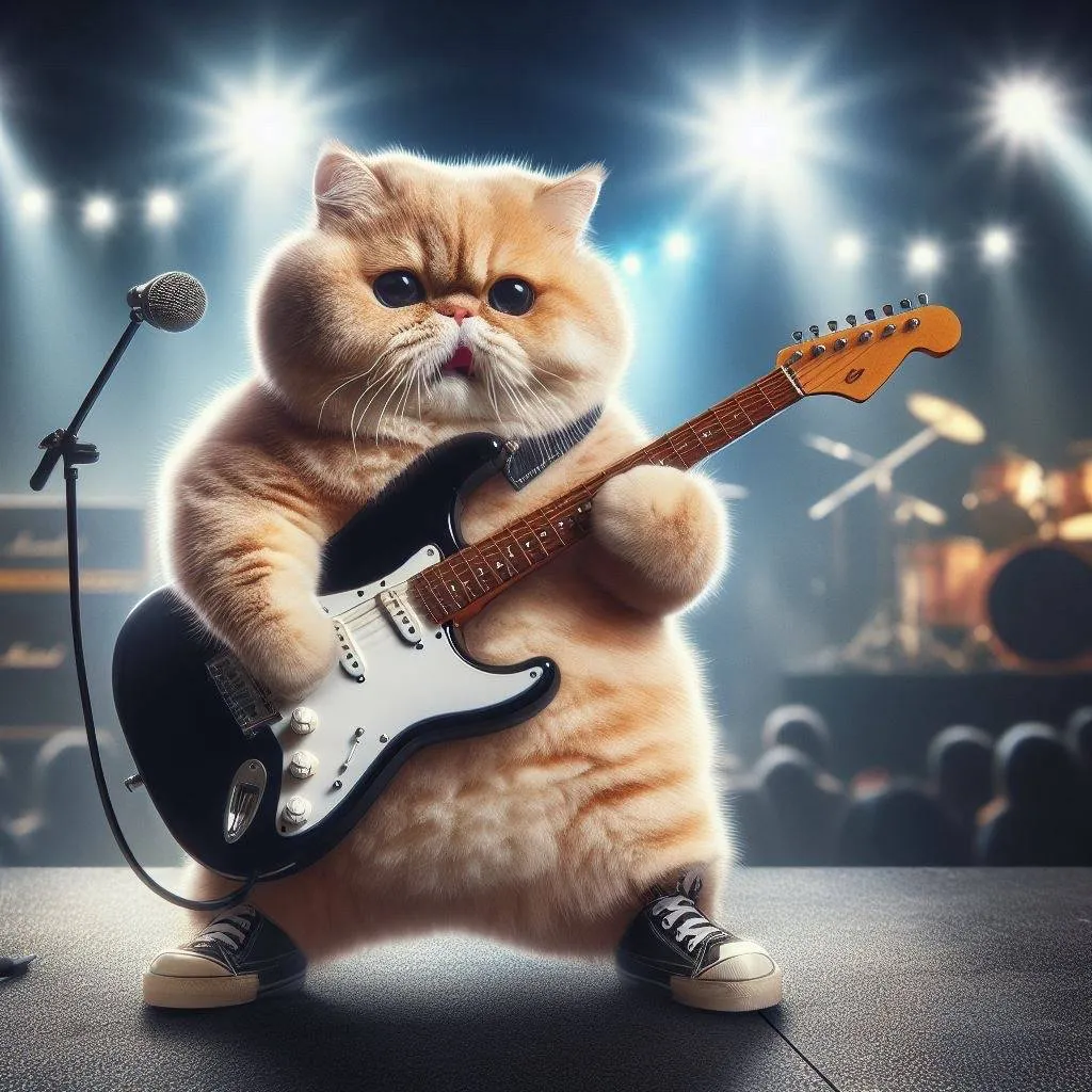 a cat is holding a guitar in front of a microphone