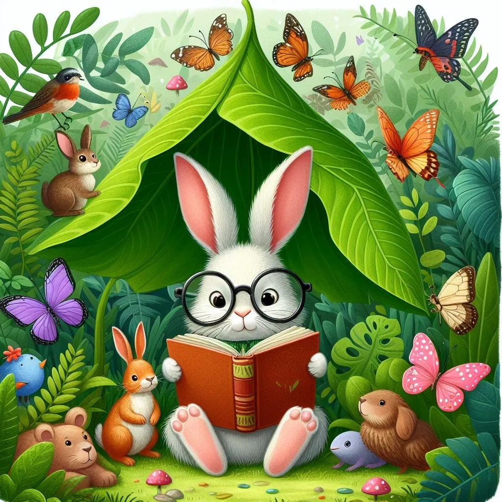 a bunny reading a book in the forest and butterfly flapping wings