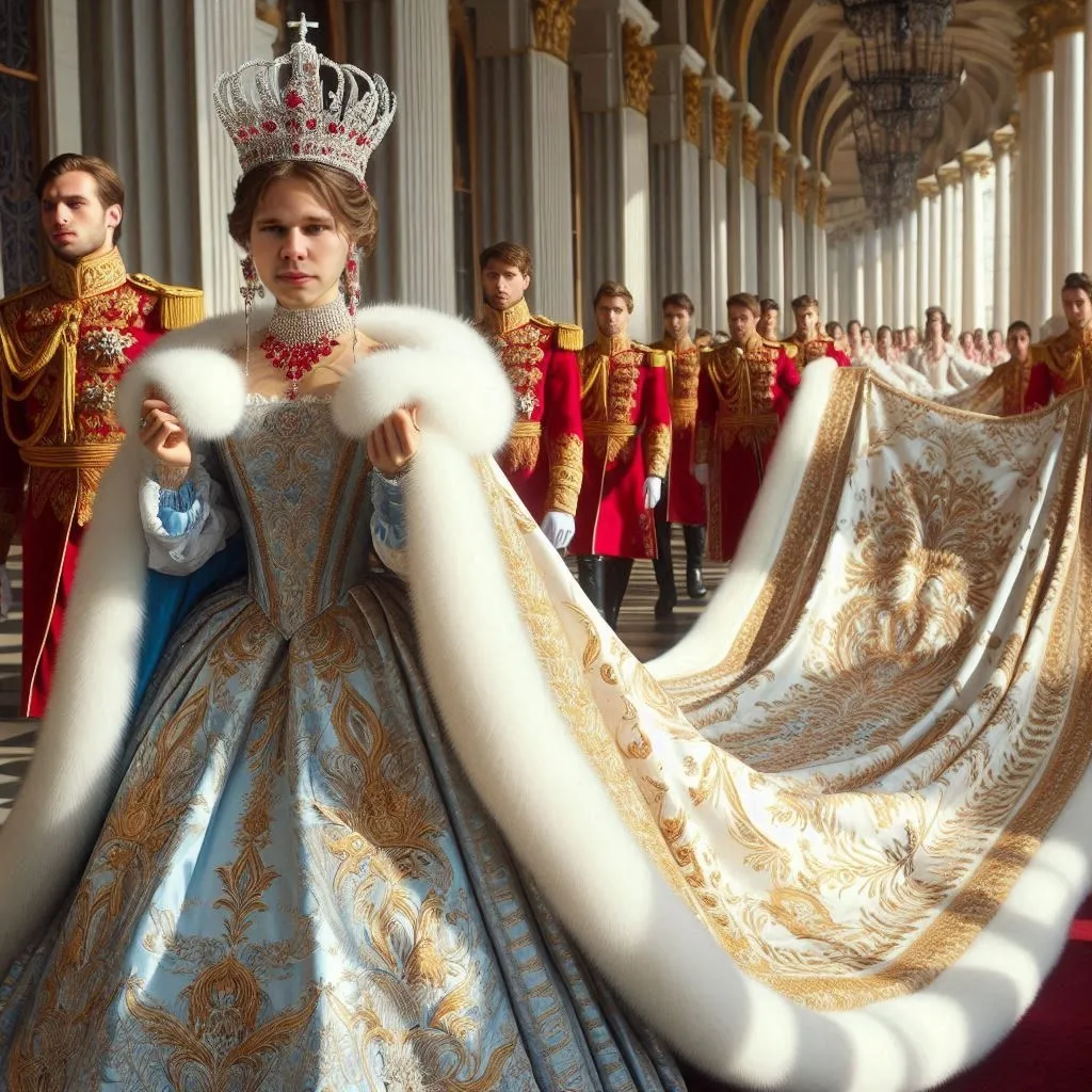 a man in a blue and gold dress with a crown