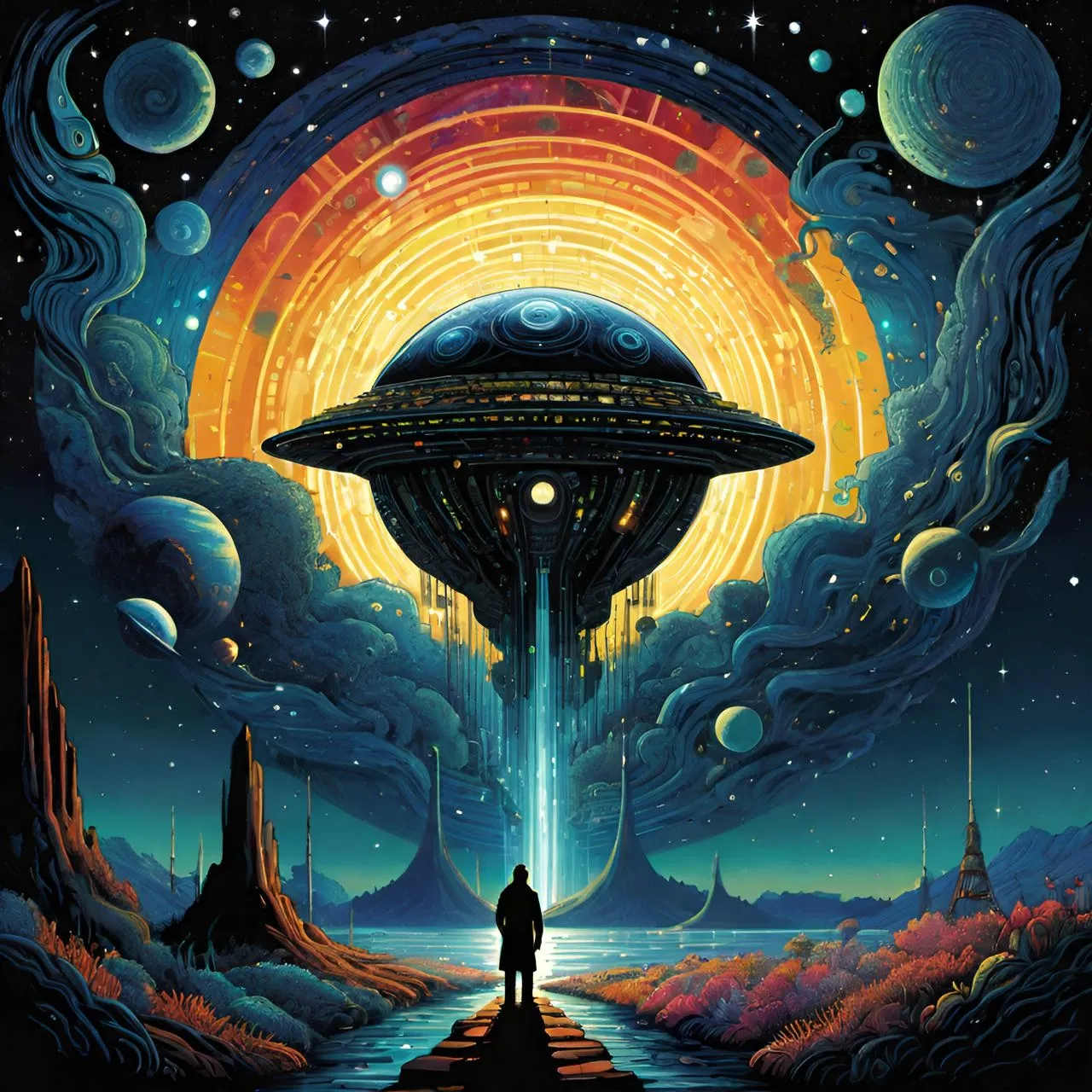 a painting of a man standing in front of a spaceship