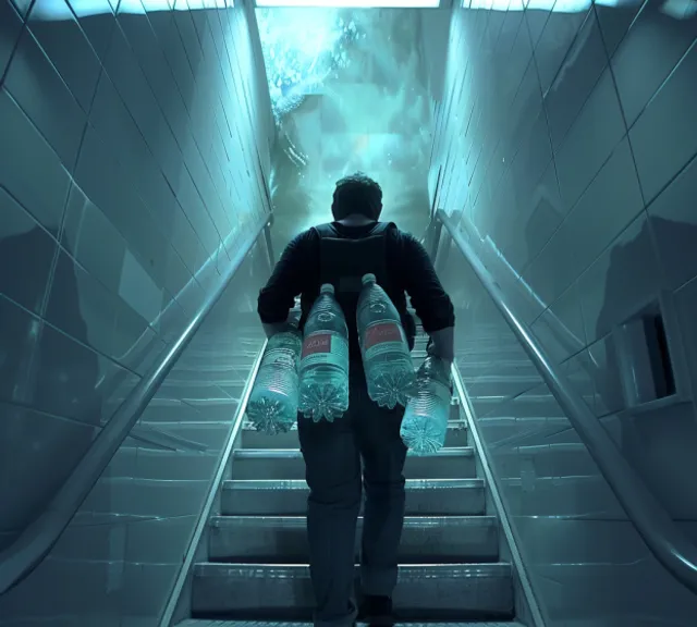 a man walking down a flight of stairs carrying two water bottles