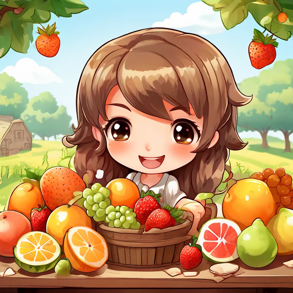 a little girl sitting in front of a basket of fruit