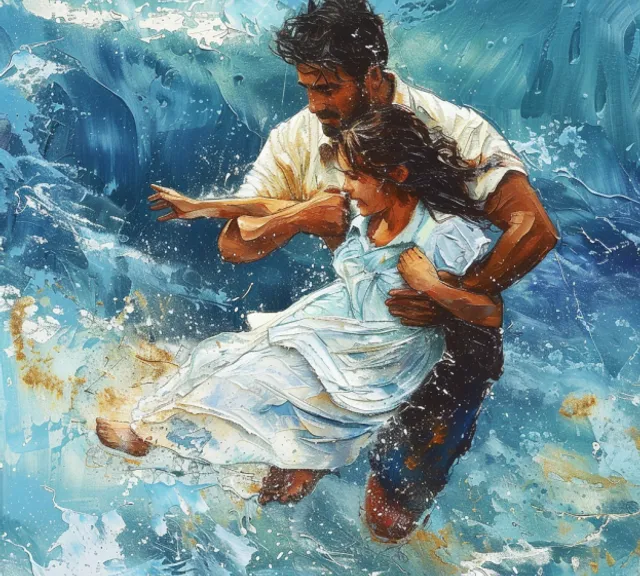 a painting of a man and a woman in the water