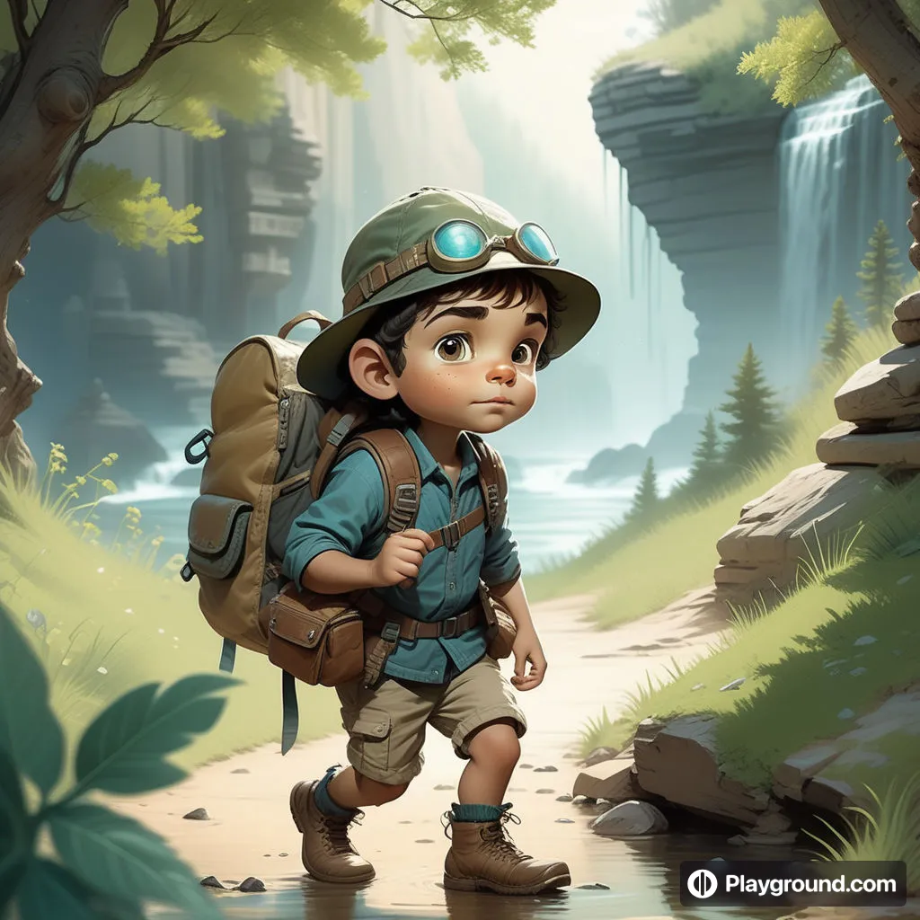 a boy with a backpack and goggles is walking in the woods