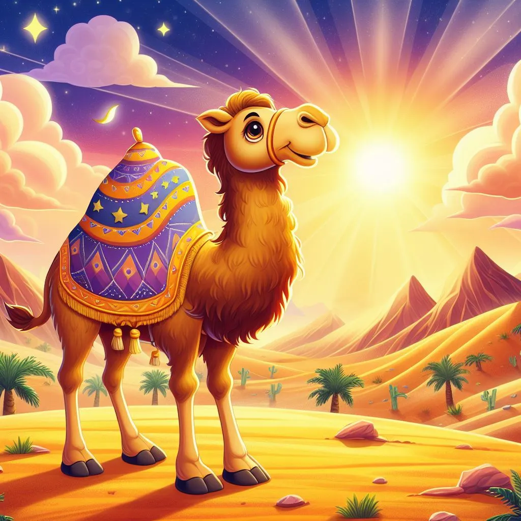 a camel with a saddle standing in a desert