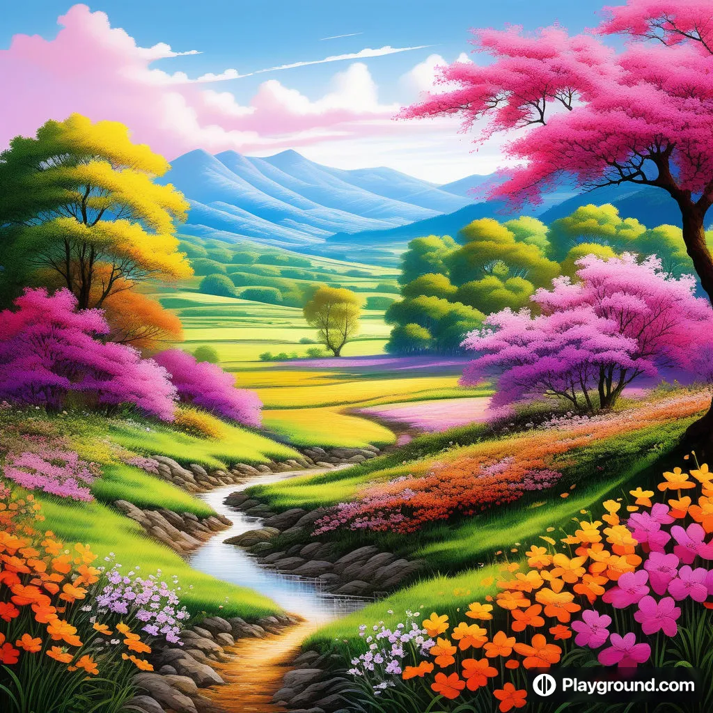 a painting of a colorful landscape with flowers and trees