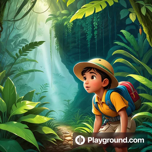 a boy with a backpack in the jungle