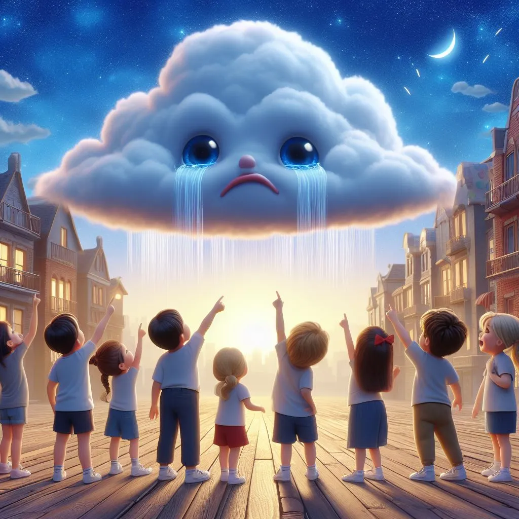 a group of children standing in front of a cloud