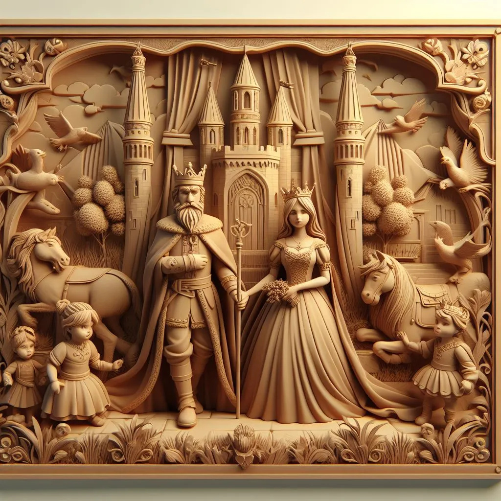 a carving of a man and woman in front of a castle