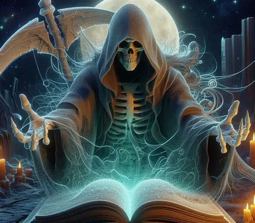 a skeleton reading a book with candl